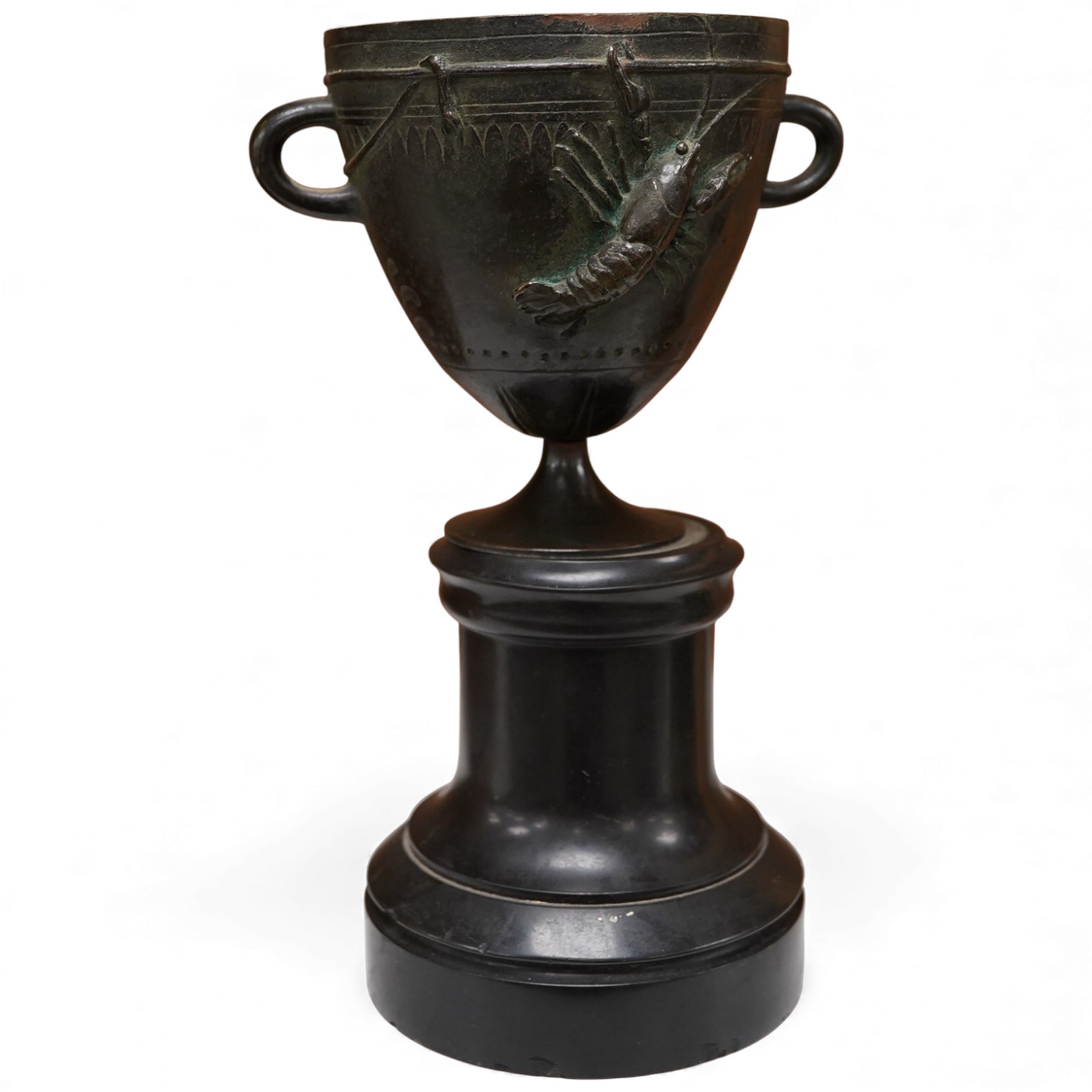 A 19th century French bronze twin handled vase signed Augur, cast with crayfish on black slate plinth, 22cm